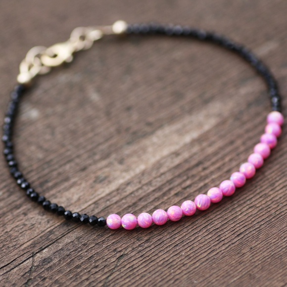 Handmade Natural Black Spinel and Pink Opal Bracelet 14k Gold Filled 7" - Picture 5 of 9
